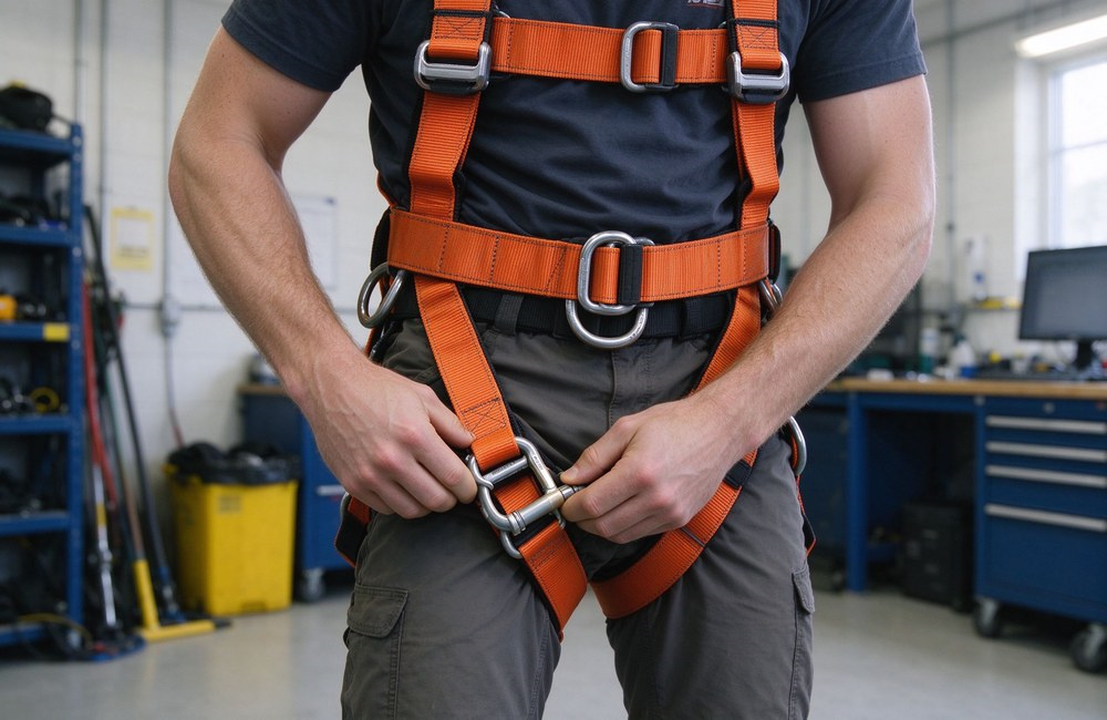 Step-by-step instructional sequence showing a Western worker in grey shirt stepping into an orange full body safety harness and fastening the leg strap buckles, bright preparation room Step-by-step instructional sequence showing a Western worker in grey shirt stepping into an orange full body safety harness and fastening the leg strap buckles, bright preparation room