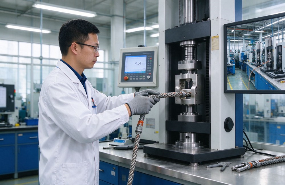 Medium shot of a QC inspector in blue uniform operating a tensile testing machine pulling a kernmantle fire escape rope sample, digital force gauge reading, bright factory QC lab with stainless steel table