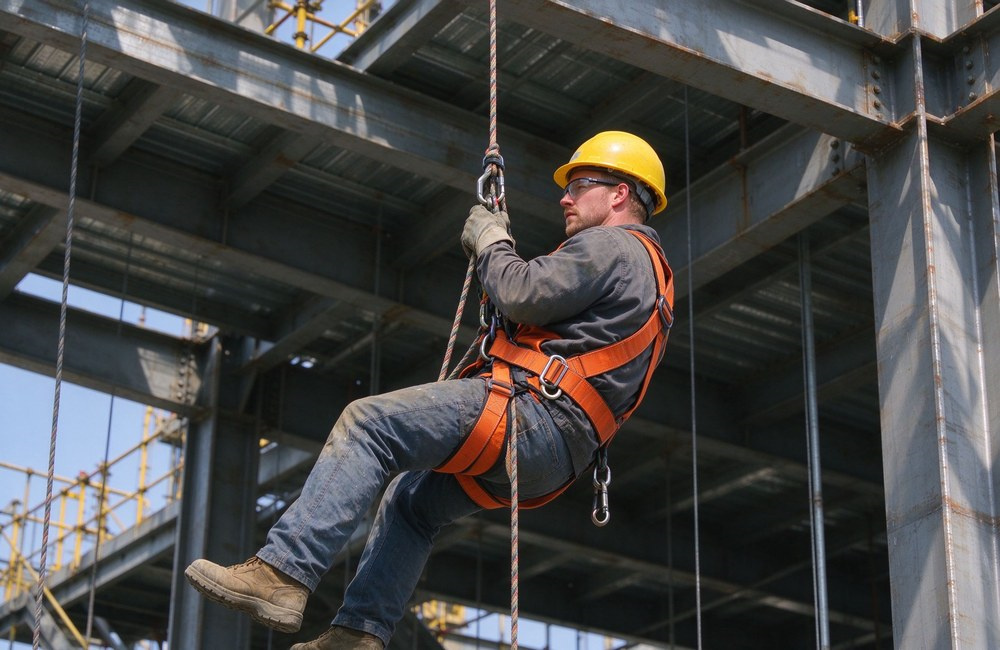 Wide shot of an industrial worker in navy coveralls wearing an orange full body safety harness clipped to a steel rail lanyard on a high-altitude platform, wind and concrete structure background, daytime outdoor
