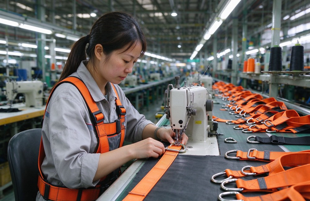 Wide shot of a factory sewing floor with workers in blue uniforms operating industrial sewing machines assembling orange full body safety harness webbing, rows of partially completed harnesses on stainless steel tables, bright workshop