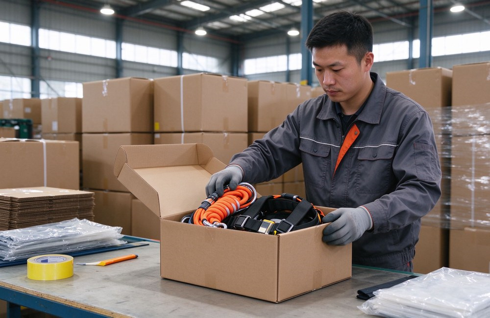 Wide shot of a bright warehouse packing station, workers in blue uniforms placing coiled orange fire escape ropes and folded safety harnesses into brown export cartons on wooden pallets, shelving and forklift visible