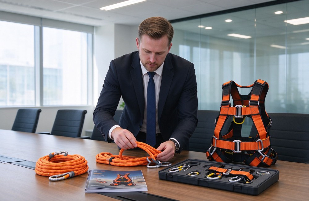 Medium shot of a Western male procurement officer in a business suit reviewing fire escape rope and safety harness product samples on a conference table, product catalog and orange harness kit laid out, bright modern meeting room Medium shot of a Western male procurement officer in a business suit reviewing fire escape rope and safety harness product samples on a conference table, product catalog and orange harness kit laid out, bright modern meeting room