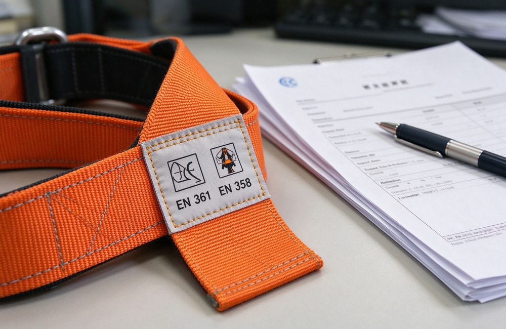 Macro close-up of a woven label sewn onto the orange webbing strap of a full body safety harness showing EN 361 standard markings, batch number and date code, soft natural light, no brand name visible