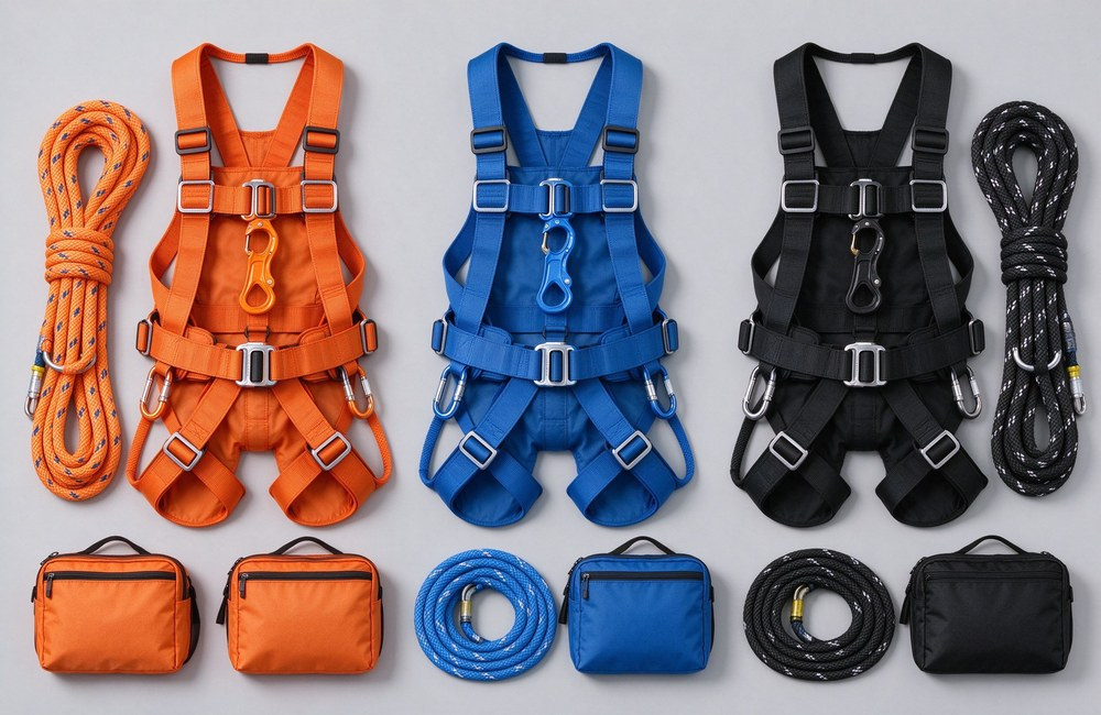 Overhead flat lay on light gray background showing three complete fire escape rope and safety harness kits in orange blue and black side by side, each includes full body harness, coiled kernmantle rope, figure 8 descender, carabiner and carry bag