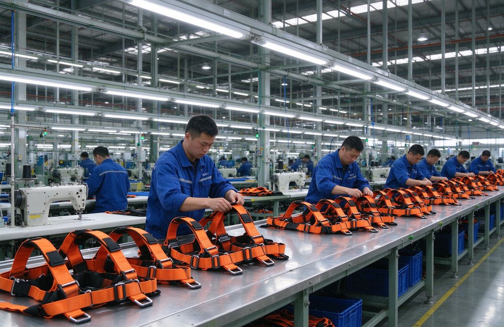 Wide shot of a clean modern factory production floor with workers in blue uniforms assembling rows of orange full body safety harnesses on stainless steel tables, industrial sewing machines and bright LED lighting, organized workshop