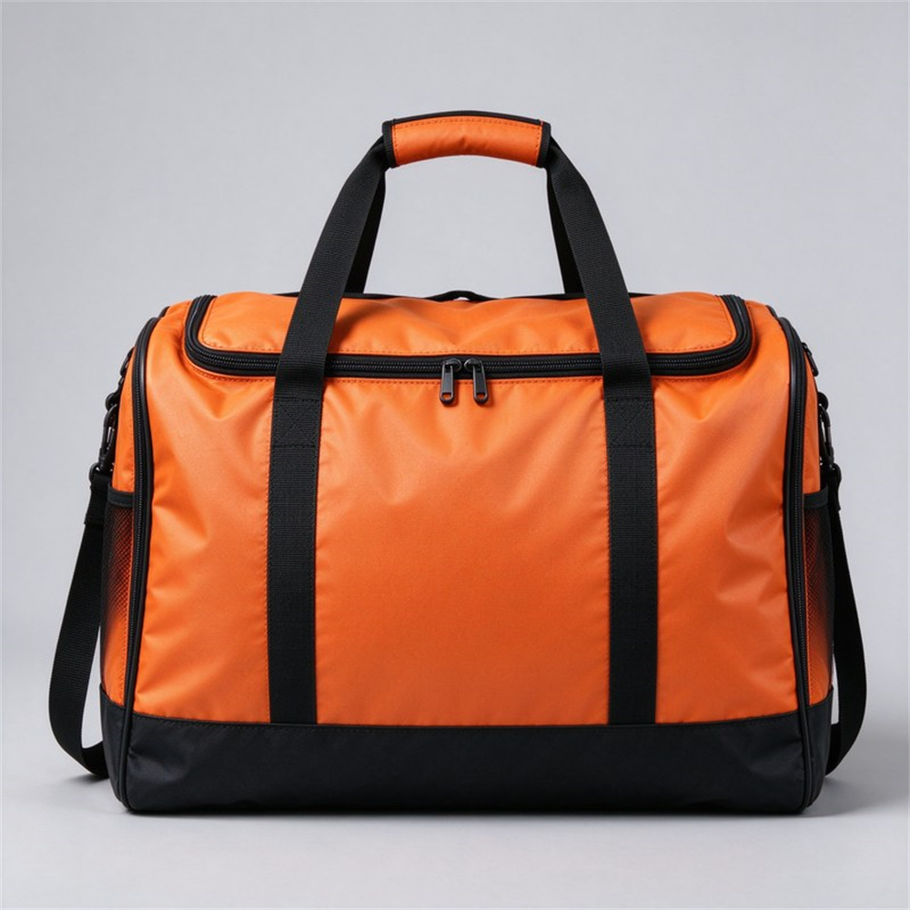 Product shot of an orange woven carry bag with black zipper and sewn usage instructions on white background, compact storage pouch for a fire escape rope and safety harness kit, rectangular shape with carry handle Product shot of an orange woven carry bag with black zipper and sewn usage instructions on white background, compact storage pouch for a fire escape rope and safety harness kit, rectangular shape with carry handle