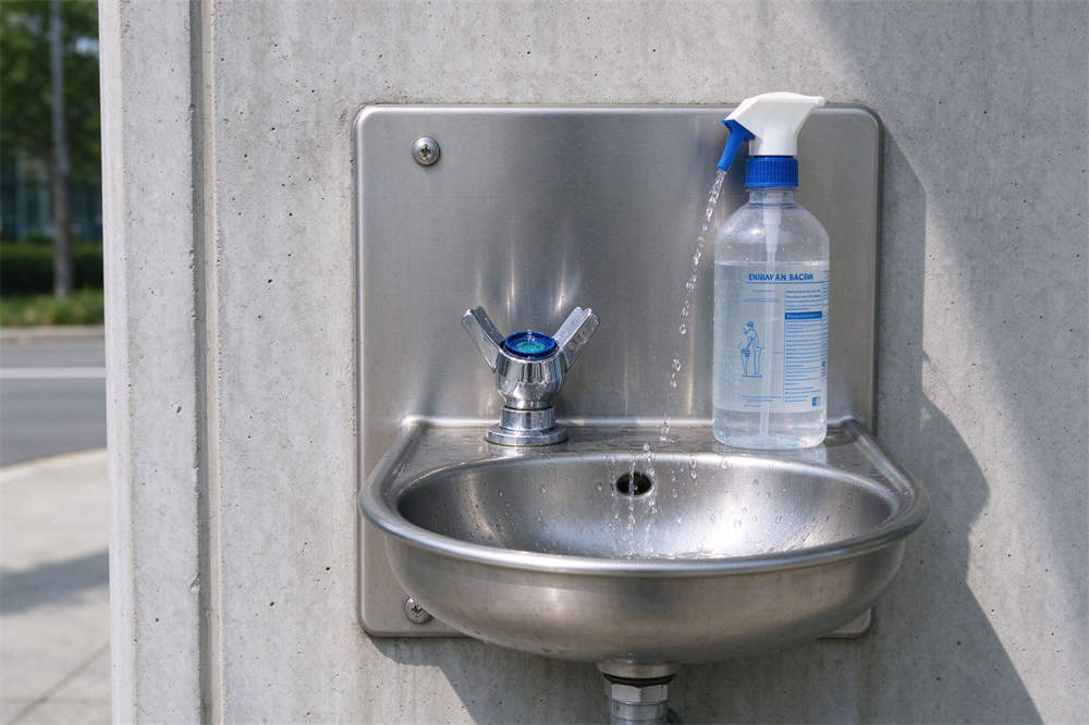 Emergency eyewash station close up stainless steel, essential safety equipment for chemical spill response and industrial workplace
