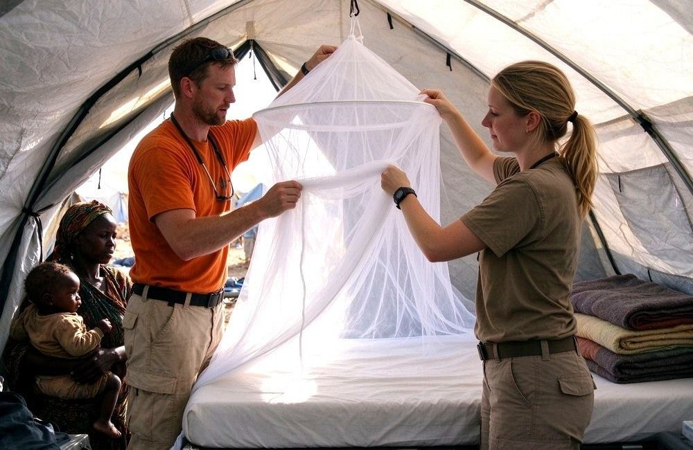 Relief workers hanging mosquito nets over beds in a camp tent, showing mosquito nets in camp settings for malaria prevention programs