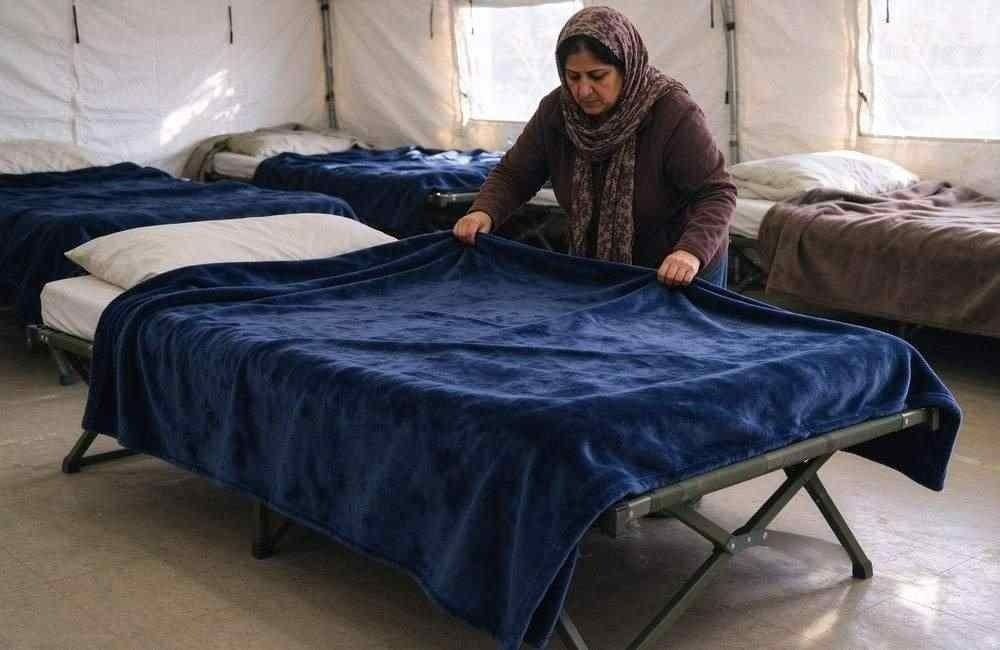 150 by 200 centimetre blanket covering a cot in a camp setting, showing family size relief kits sizing for displaced families and households