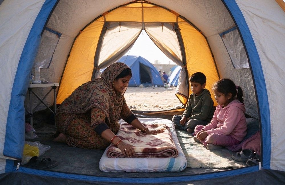 South Asian mother kneels on a camp mattress spreading a blanket while two children sit beside her inside a bright temporary shelter tent during an IDP camp bedding distribution