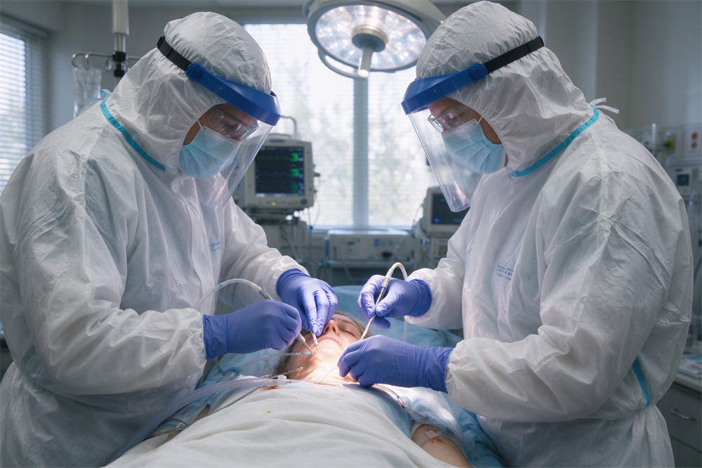Medical staff wearing PPE gowns in surgical room, infection control for influenza pandemic preparedness and patient care Medical staff wearing PPE gowns in surgical room, infection control for influenza pandemic preparedness and patient care