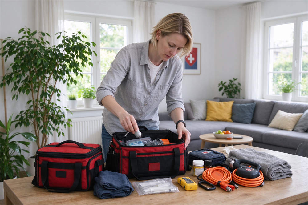 Person organizing home emergency supplies, influenza preparedness checklist review for household flu season readiness