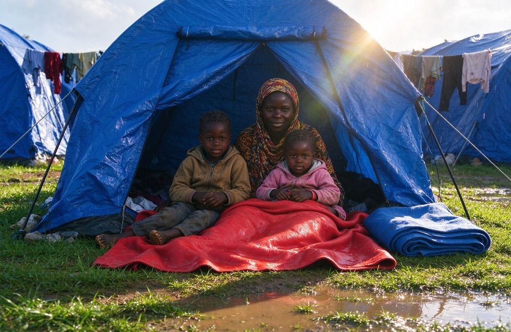 Family sleeping under a tarpaulin shelter on waterproof blankets after a cyclone, showing waterproof blankets for tropical storm response in the field