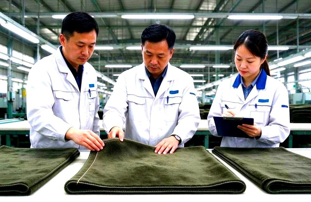 Asian quality inspectors in a production workshop checking blanket seams, stitching and dimensions against the cyclone relief RFQ specification sheet
