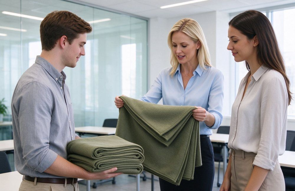 Agency staff reviewing blanket samples and wash-test documents for a cyclone program before approval, showing sample verification for storm response