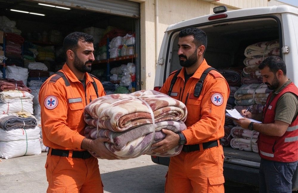 Two Middle Eastern rescue workers in orange uniforms load blanket bundles onto a white truck at an emergency warehouse while a staff member checks a delivery list