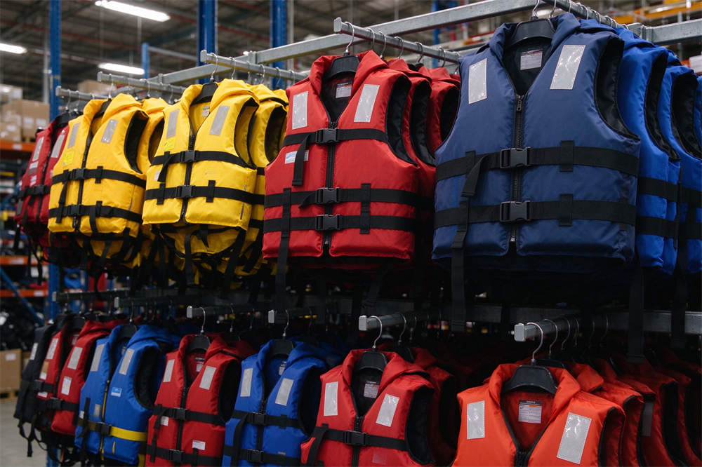 Life jackets warehouse rack display multiple styles, PFD wholesale for water safety and emergency services organizations