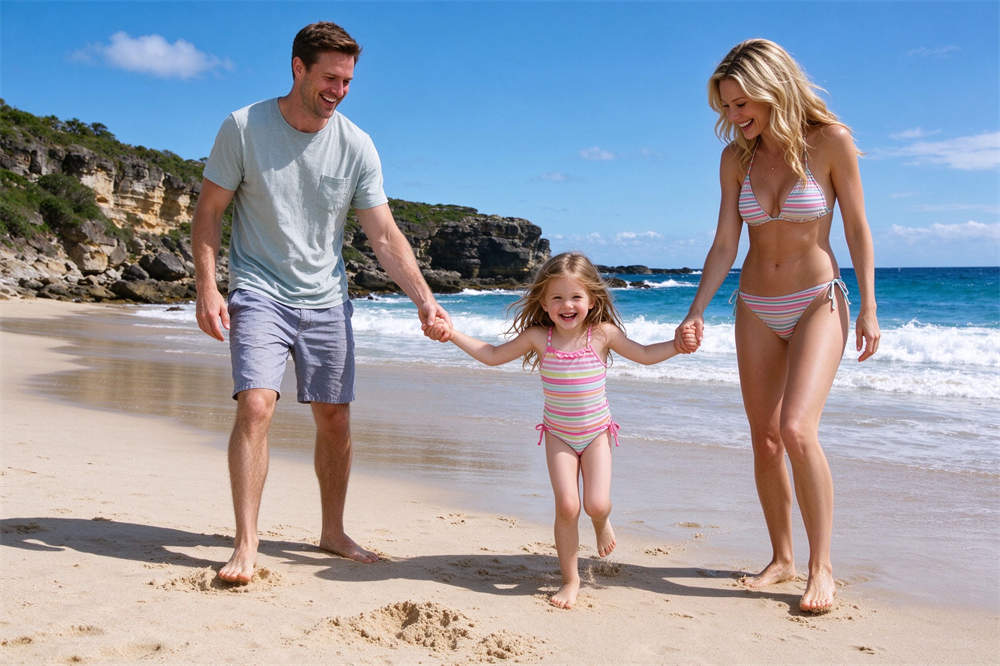 Family on beach safe playing, water safety practices and PFD use for coastal recreation and preparedness