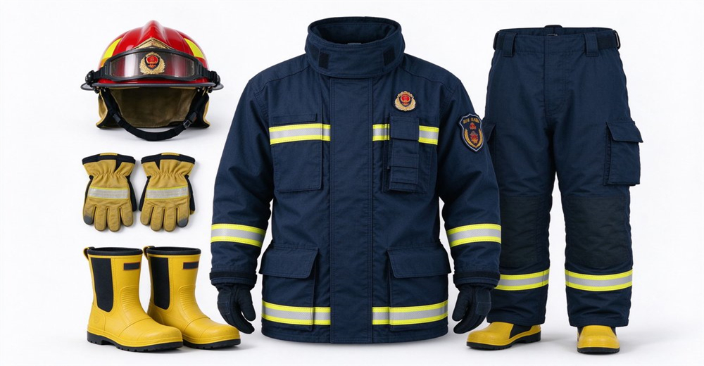 Structural firefighting turnout gear navy blue Nomex IIIA 4-layer thermal protection complete set helmet gloves boots fire station background wholesale supply