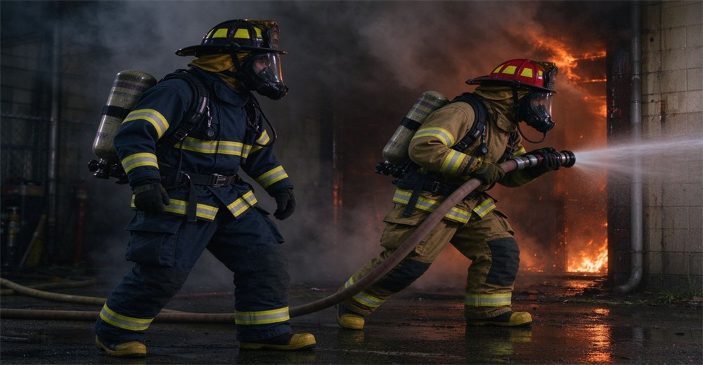 Firefighter climbing metal ladder mobility agility training navy blue turnout gear 4-layer thermal protection fire tower training facility