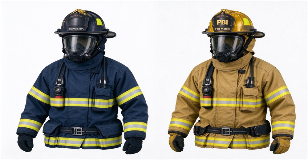 Nomex IIIA outer shell fabric macro closeup 3M reflective tape silver yellow lattice structure chest pocket stitching structural firefighting gear material
