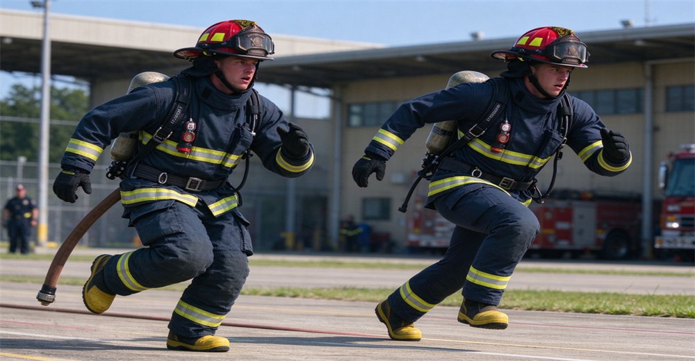 Structural firefighting turnout gear full set flat lay jacket pants helmet gloves boots navy blue 4-layer thermal protection complete equipment wholesale