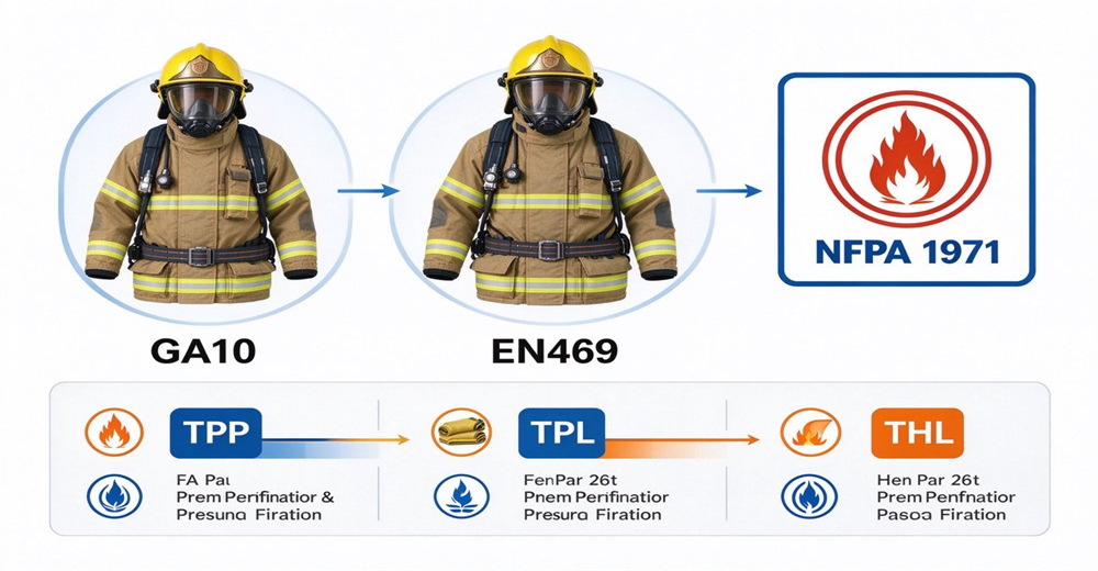 3M reflective tape macro prism structure silver yellow segmented tape on navy blue Nomex fabric stitching detail structural firefighting gear visibility