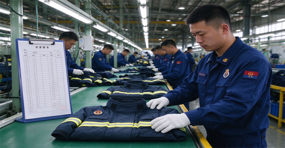 Firefighter maintenance inspecting turnout gear fire station equipment room cleaning care navy blue 4-layer thermal protection gear maintenance procedure