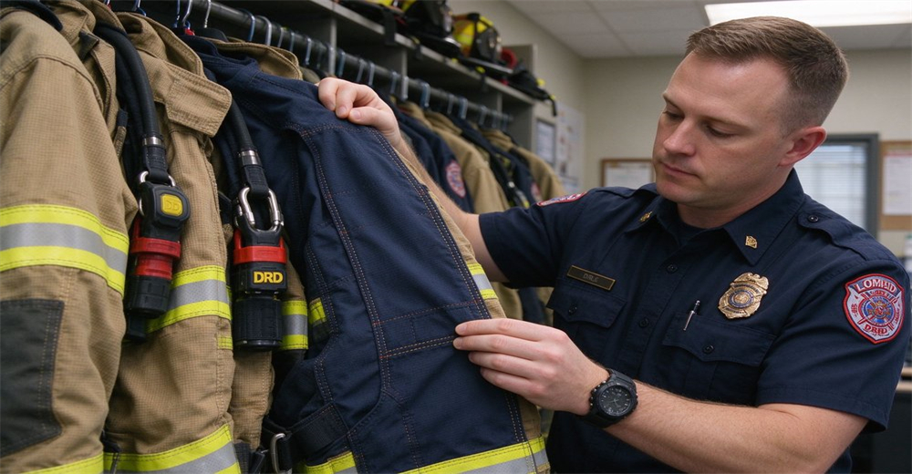 Certification label EN469 NFPA 1971 GA10 garment tag closeup navy blue turnout gear badge emblem compliance certification structural firefighting gear