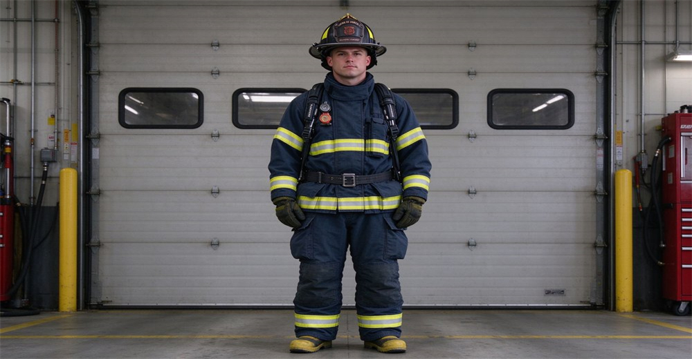 Three Firefighters different faces heights body types lineup navy blue turnout gear helmets fire station training ground professional formation