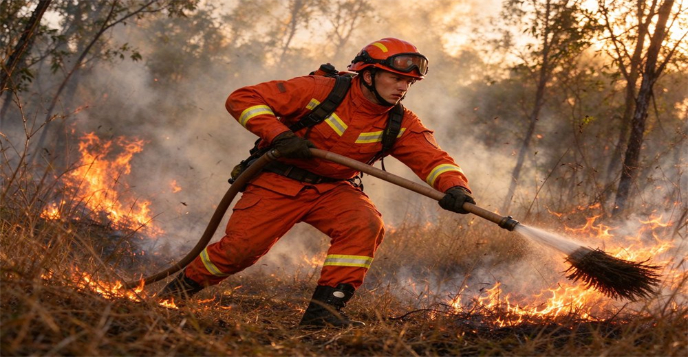 Firefighter wearing orange reflective rescue suit and safety helmet holds fire hose to spray water and suppress spreading wildfire in smoky woodland area