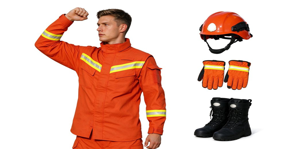 Orange rescue garment fitted with reflective strips matched with protective safety helmet work gloves and durable safety boots for emergency rescue tasks