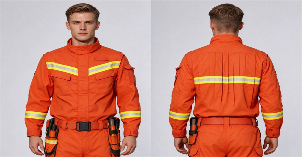 Orange emergency rescue suit with high visibility reflective strips, front and back views, fitted with functional waist belt and tool pouches for field rescue operations Orange emergency rescue suit with high visibility reflective strips, front and back views, fitted with functional waist belt and tool pouches for field rescue operations