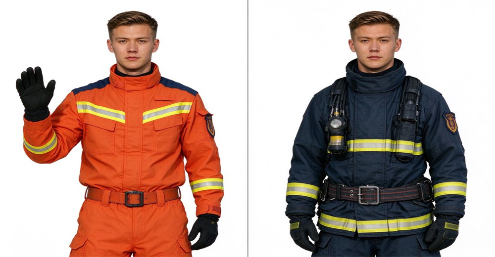 Two styles of fire protective garment fitted with high visibility reflective strips, equipped with supporting protective accessories for emergency rescue Two styles of fire protective garment fitted with high visibility reflective strips, equipped with supporting protective accessories for emergency rescue