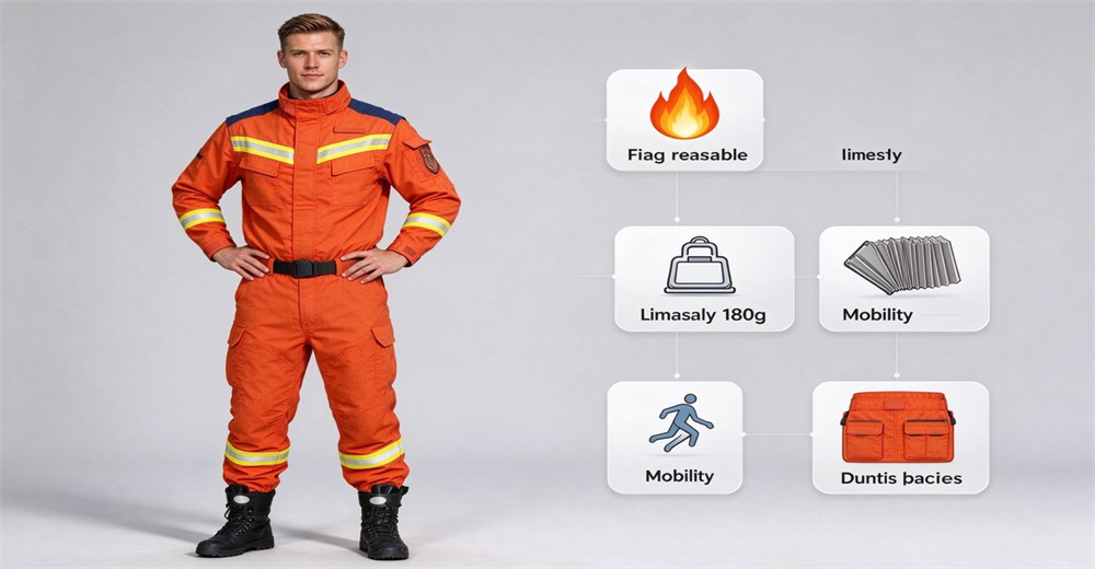 Fire rescue suit with reflective strips featuring flame resistant lightweight construction and flexible fit for free movement Fire rescue suit with reflective strips featuring flame resistant lightweight construction and flexible fit for free movement