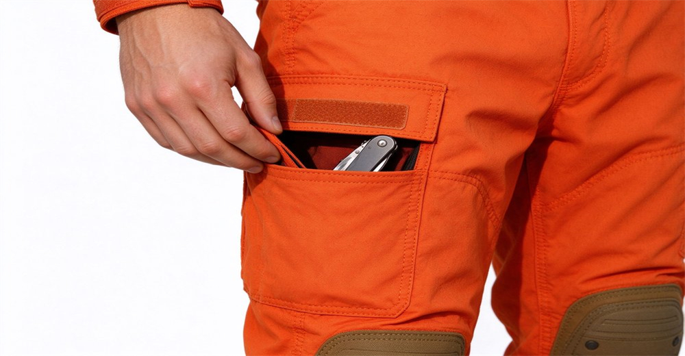 Durable cargo pocket on fire trousers with hook and loop flap, storing multi tool for field emergency operations Durable cargo pocket on fire trousers with hook and loop flap, storing multi tool for field emergency operations