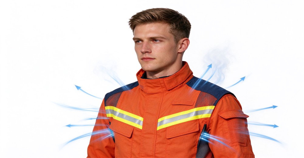 Firefighter wears orange fire suit with mesh breathable panels, blue airflow arrows illustrate great heat dissipation and air permeability Firefighter wears orange fire suit with mesh breathable panels, blue airflow arrows illustrate great heat dissipation and air permeability