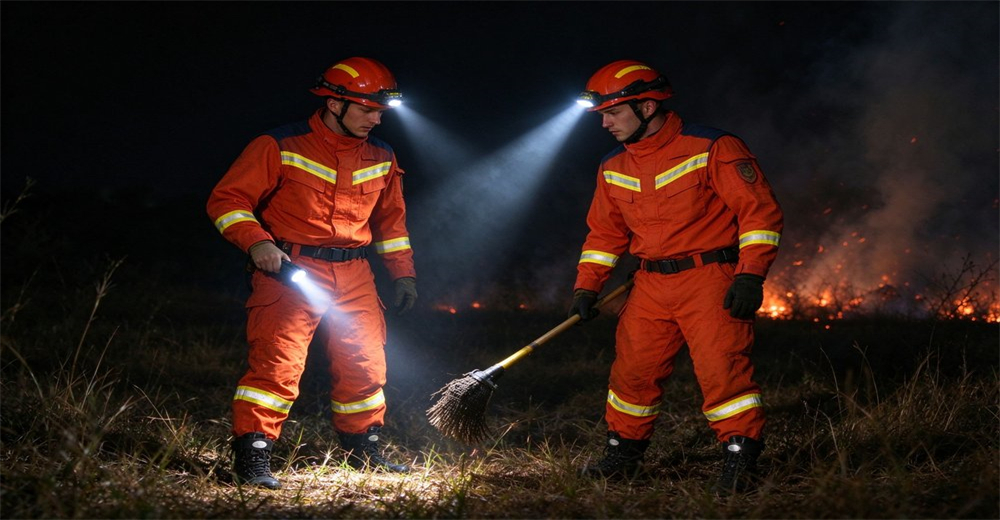 Two wildland firefighters wearing orange reflective fire suits work together to put out remaining sparks during night wildfire patrol Two wildland firefighters wearing orange reflective fire suits work together to put out remaining sparks during night wildfire patrol
