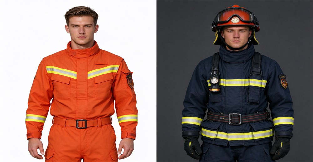 Fire protective garments with reflective tapes, bright orange wildland firefighting suit and navy structural firefighting suit Fire protective garments with reflective tapes, bright orange wildland firefighting suit and navy structural firefighting suit
