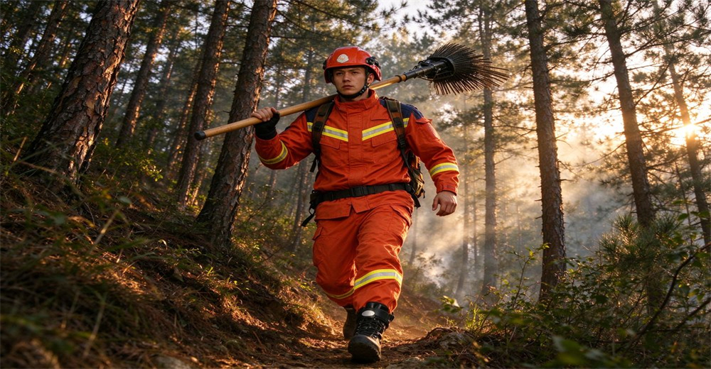 Wildland firefighter in orange reflective suit carries fire rake while trekking uphill through sunlit pine forest Wildland firefighter in orange reflective suit carries fire rake while trekking uphill through sunlit pine forest