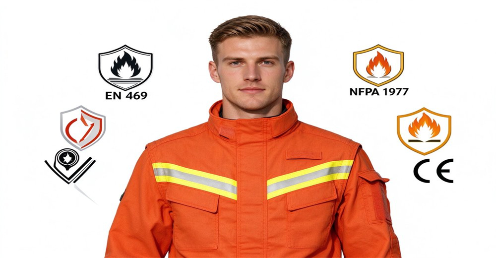 Wildland firefighting suit with reflective strips, marked with EN 469 NFPA 1977 and CE certification logos Wildland firefighting suit with reflective strips, marked with EN 469 NFPA 1977 and CE certification logos