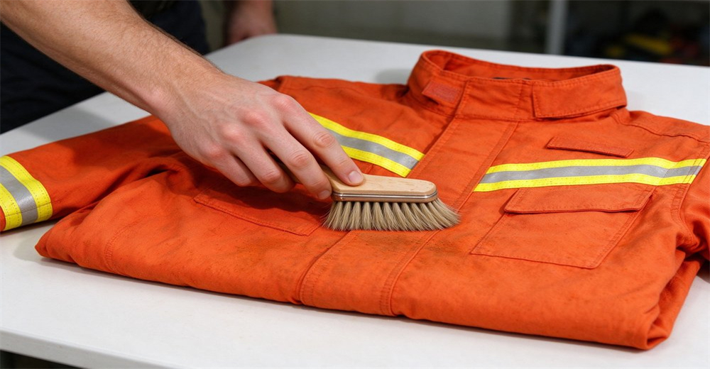 Soft bristle brush tests fabric performance of orange wildland firefighting suit with reflective strips Soft bristle brush tests fabric performance of orange wildland firefighting suit with reflective strips