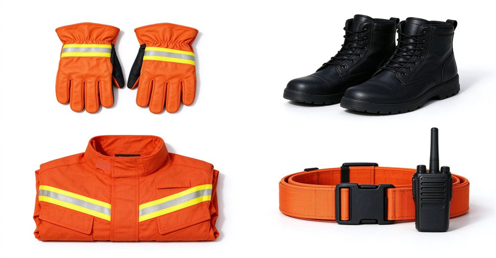 Wildland fire protective gear including gloves, leather boots, firefighting suit, duty belt and two way radio with reflective strips