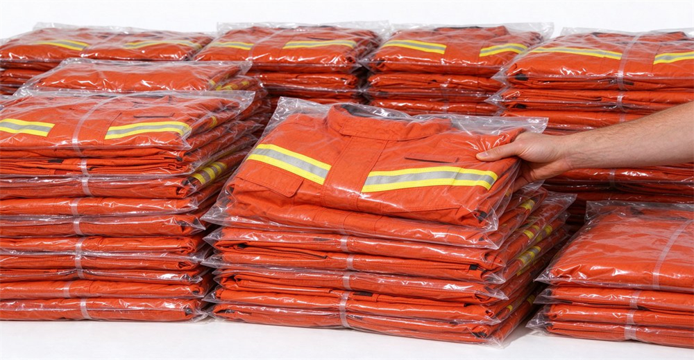 Stacked wildland firefighting suits with high visibility reflective strips packed in clear plastic bags for bulk delivery Stacked wildland firefighting suits with high visibility reflective strips packed in clear plastic bags for bulk delivery