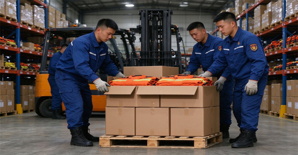 Workers pack folded orange wildland firefighting suits with reflective strips into cartons for warehouse shipment and distribution Workers pack folded orange wildland firefighting suits with reflective strips into cartons for warehouse shipment and distribution