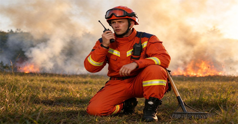 Wildland firefighter wearing orange protective suit with bright reflective strips squats on grassland and communicates with dispatch via two way radio beside wildfire