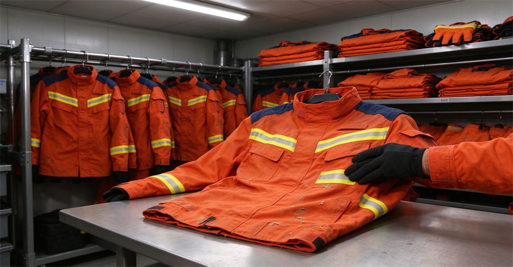 Inspection of orange wildland firefighting jacket with reflective strips in equipment storage room, more uniforms stored on racks Inspection of orange wildland firefighting jacket with reflective strips in equipment storage room, more uniforms stored on racks