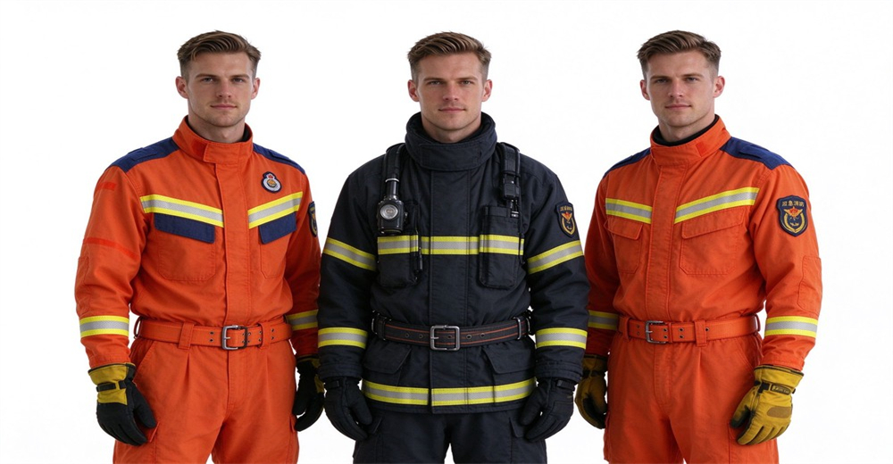 Firefighter in orange summer weight fire rescue suit front view full body on white background, aramid fabric GA633 certified for wholesale bulk supply
