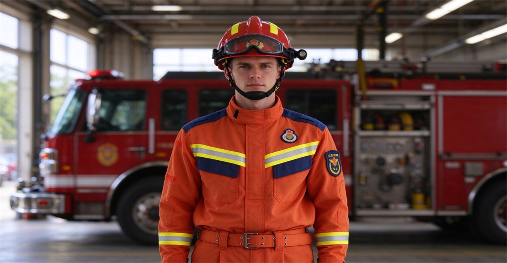 Caucasian male rescue worker wearing orange fire rescue suit for technical rescue standing in modern fire station with red fire truck in background
