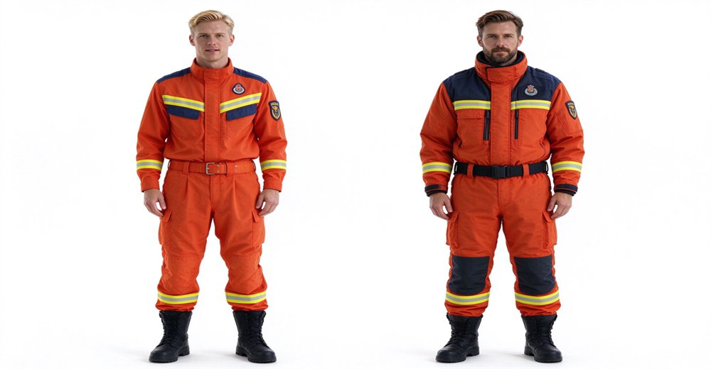 Two real caucasian male firefighters no helmet different faces, blonde vs bearded brunette, wearing summer lightweight vs winter 3-layer fire rescue suit for technical rescue, side by side comparison, white background, wholesale bulk supply